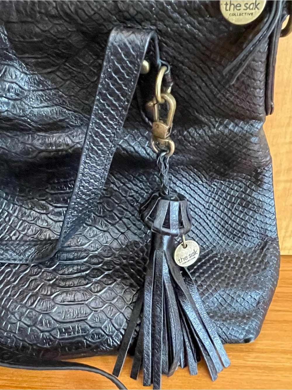 The Sak Sophie Black Leather Textured snakeskin embossed Crossbody Bag